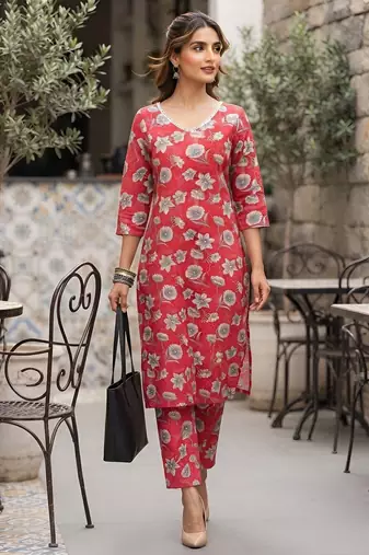 Pink floral printed viscose rayon kurta set