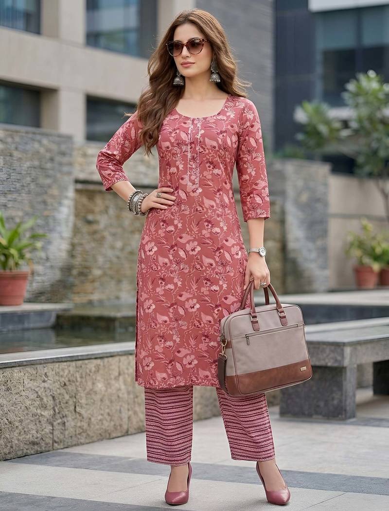 Mauve floral printed viscose rayon kurta set