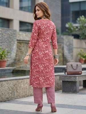 Mauve floral printed viscose rayon kurta set 3