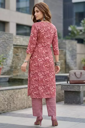 Mauve floral printed viscose rayon kurta set