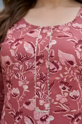 Mauve floral printed viscose rayon kurta set