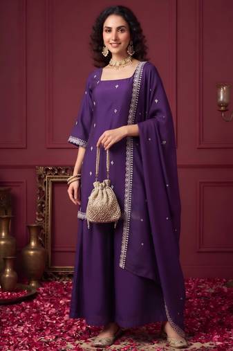 Purple hand embroidered silk blend kurta set