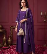 Purple hand embroidered silk blend kurta set