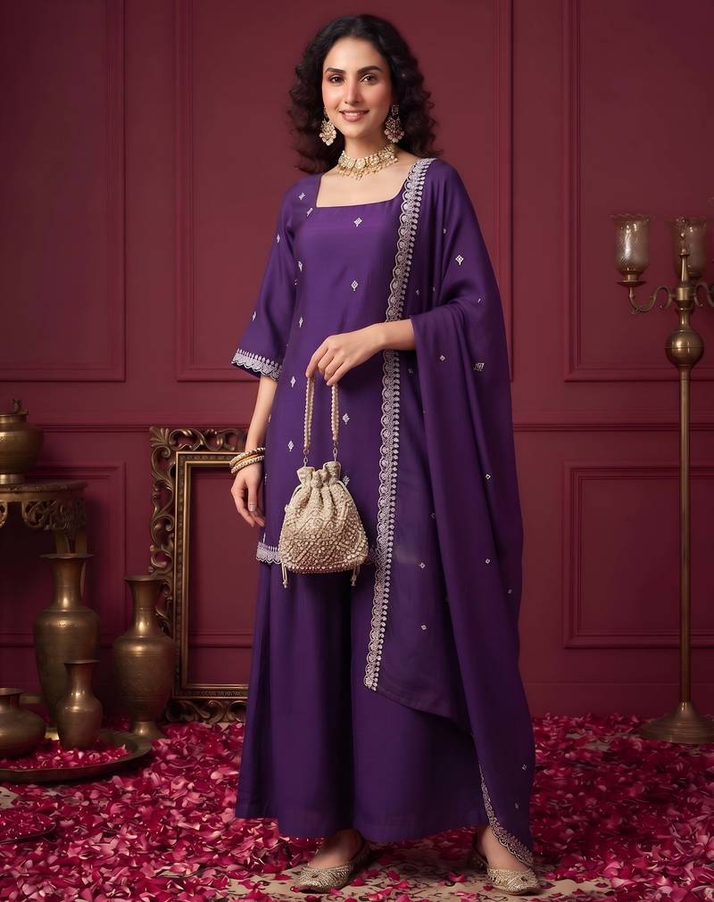 Purple hand embroidered silk blend kurta set