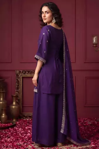 Purple hand embroidered silk blend kurta set