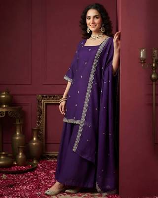 Purple hand embroidered silk blend kurta set 3