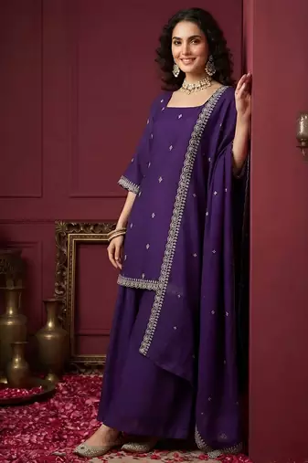 Purple hand embroidered silk blend kurta set