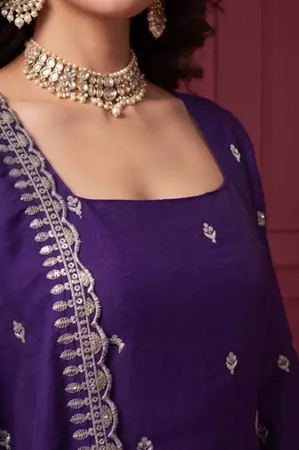 Purple hand embroidered silk blend kurta set