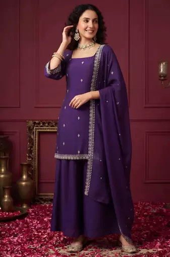 Purple hand embroidered silk blend kurta set