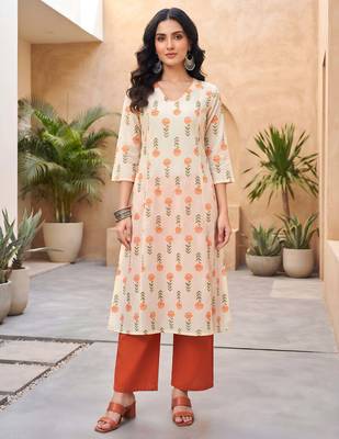 Cream floral printed cotton kurta set 1
