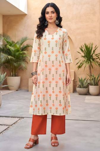 Cream floral printed cotton kurta set