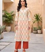 Cream floral printed cotton kurta set