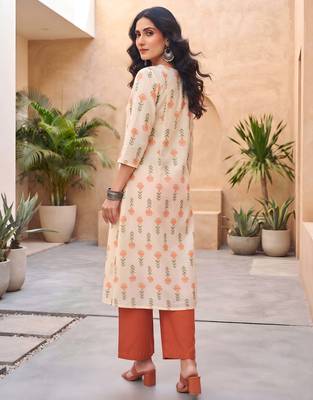 Cream floral printed cotton kurta set 2