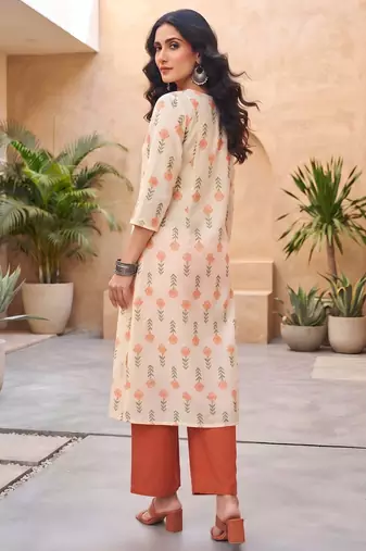Cream floral printed cotton kurta set