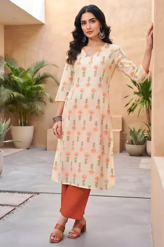 Cream floral printed cotton kurta set