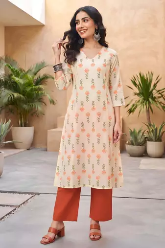 Cream floral printed cotton kurta set