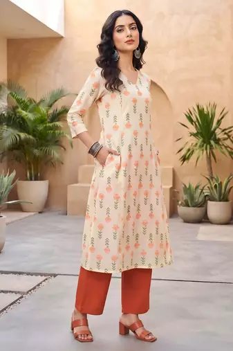 Cream floral printed cotton kurta set