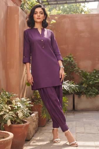 Purple plain cotton kurta set