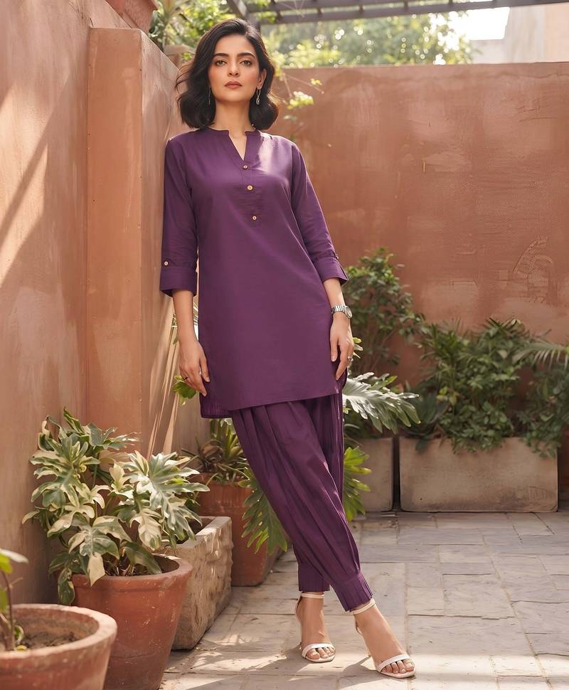 Purple plain cotton kurta set