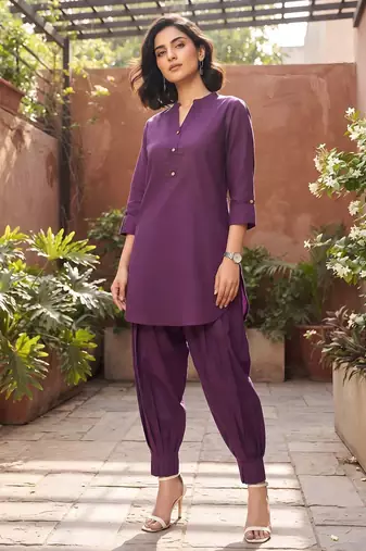 Purple plain cotton kurta set