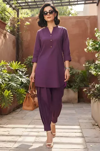 Purple plain cotton kurta set