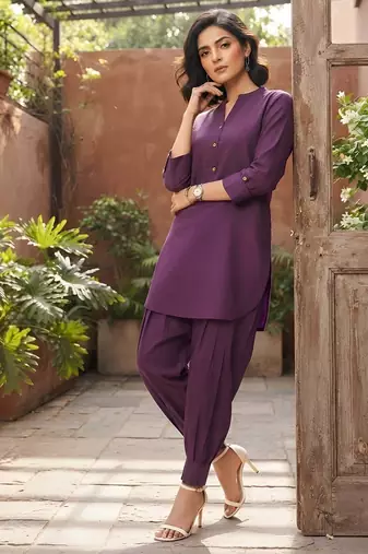 Purple plain cotton kurta set