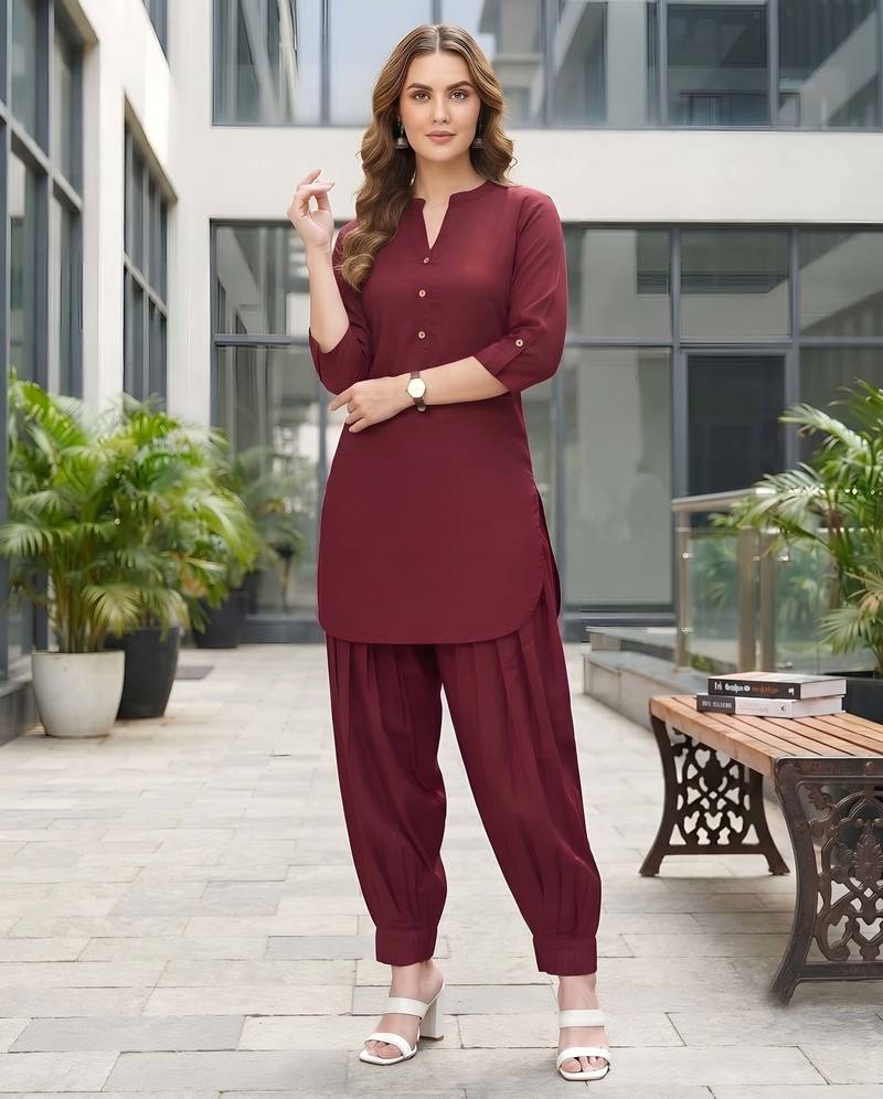 Maroon plain cotton kurta set
