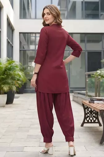 Maroon plain cotton kurta set