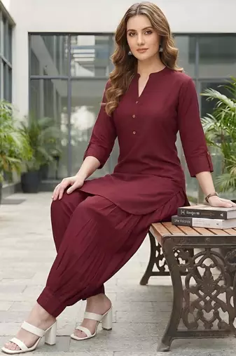 Maroon plain cotton kurta set