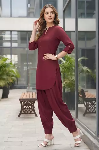 Maroon plain cotton kurta set