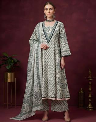 White floral printed cotton kurta set 1