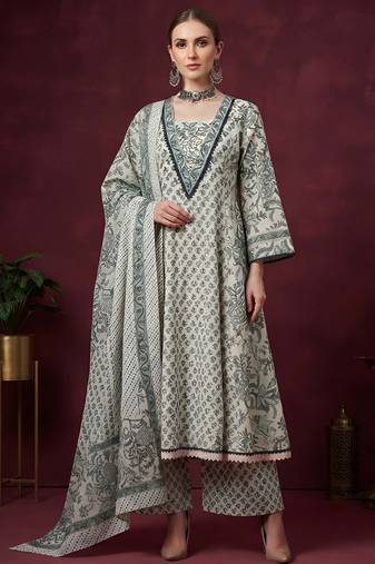 White floral printed cotton kurta set