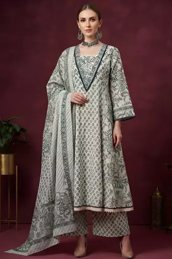 White floral printed cotton kurta set