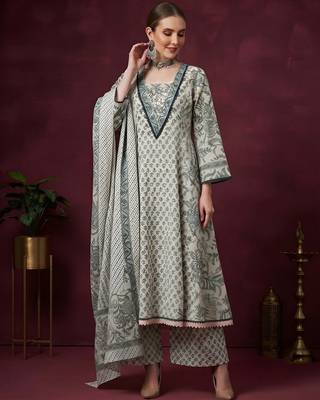 White floral printed cotton kurta set 2