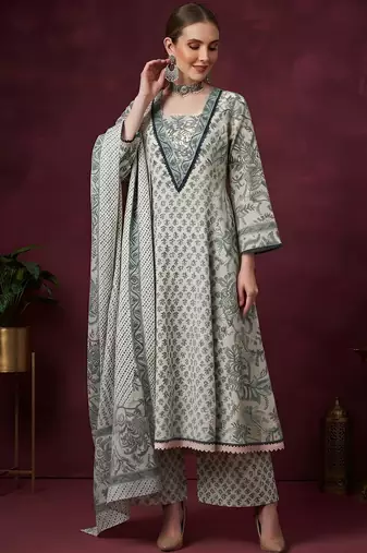 White floral printed cotton kurta set