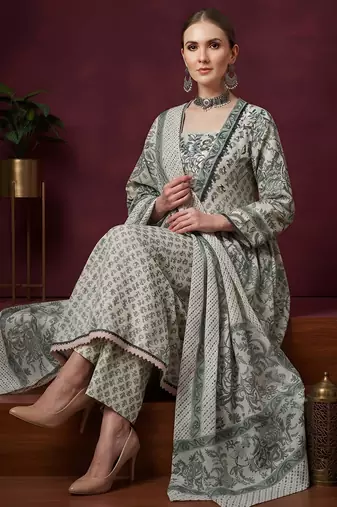 White floral printed cotton kurta set