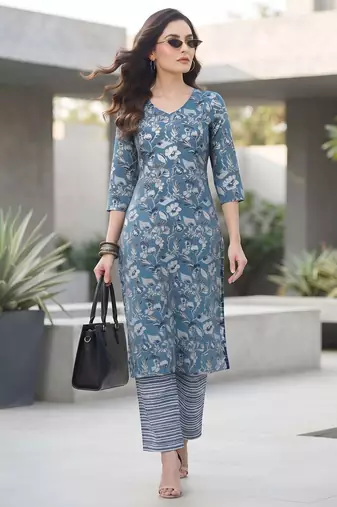 Blue floral printed viscose rayon kurta set