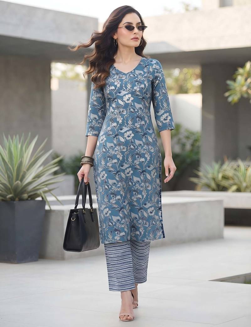 Blue floral printed viscose rayon kurta set