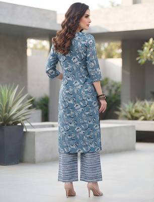 Blue floral printed viscose rayon kurta set 2