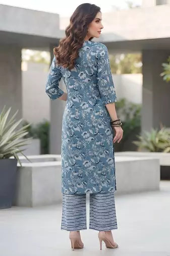 Blue floral printed viscose rayon kurta set