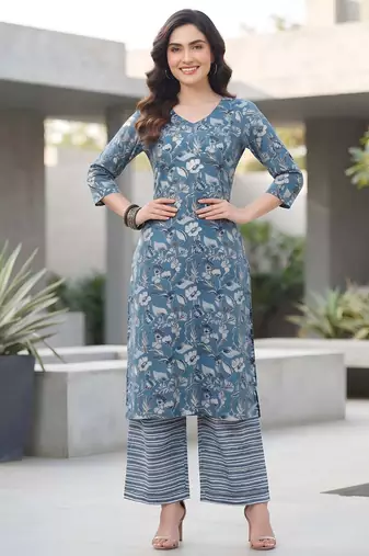 Blue floral printed viscose rayon kurta set