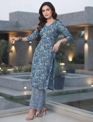 Blue floral printed viscose rayon kurta set 4