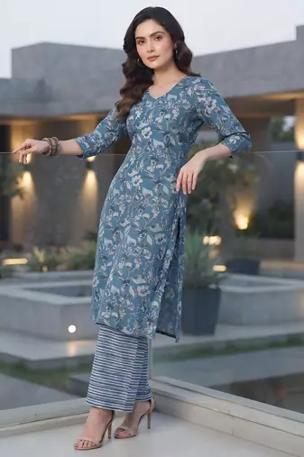 Blue floral printed viscose rayon kurta set
