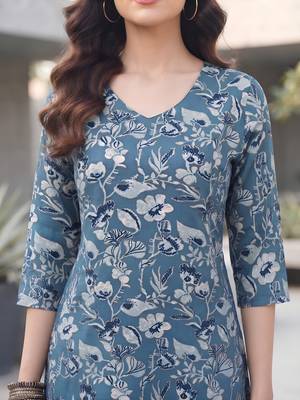 Blue floral printed viscose rayon kurta set 5