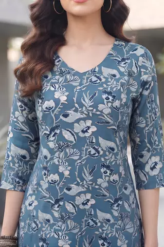 Blue floral printed viscose rayon kurta set