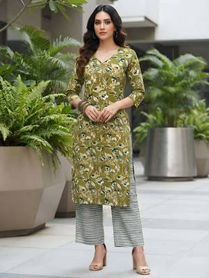 Green floral printed viscose rayon kurta set 1