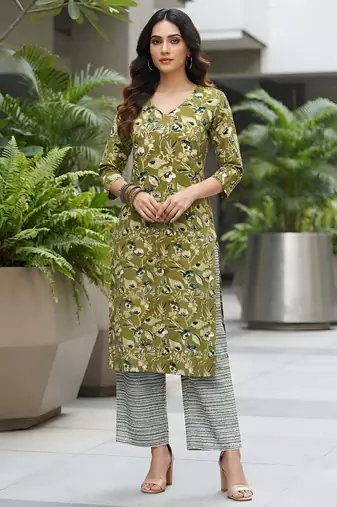 Green floral printed viscose rayon kurta set