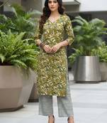 Green floral printed viscose rayon kurta set