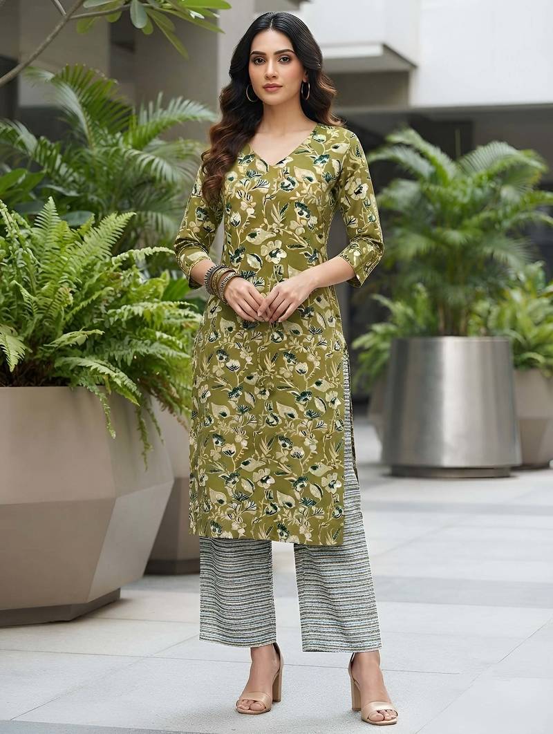 Green floral printed viscose rayon kurta set