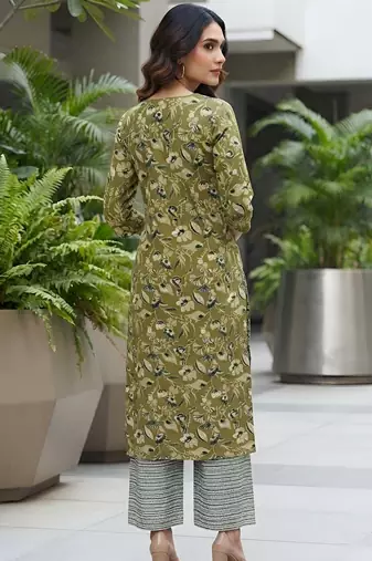 Green floral printed viscose rayon kurta set